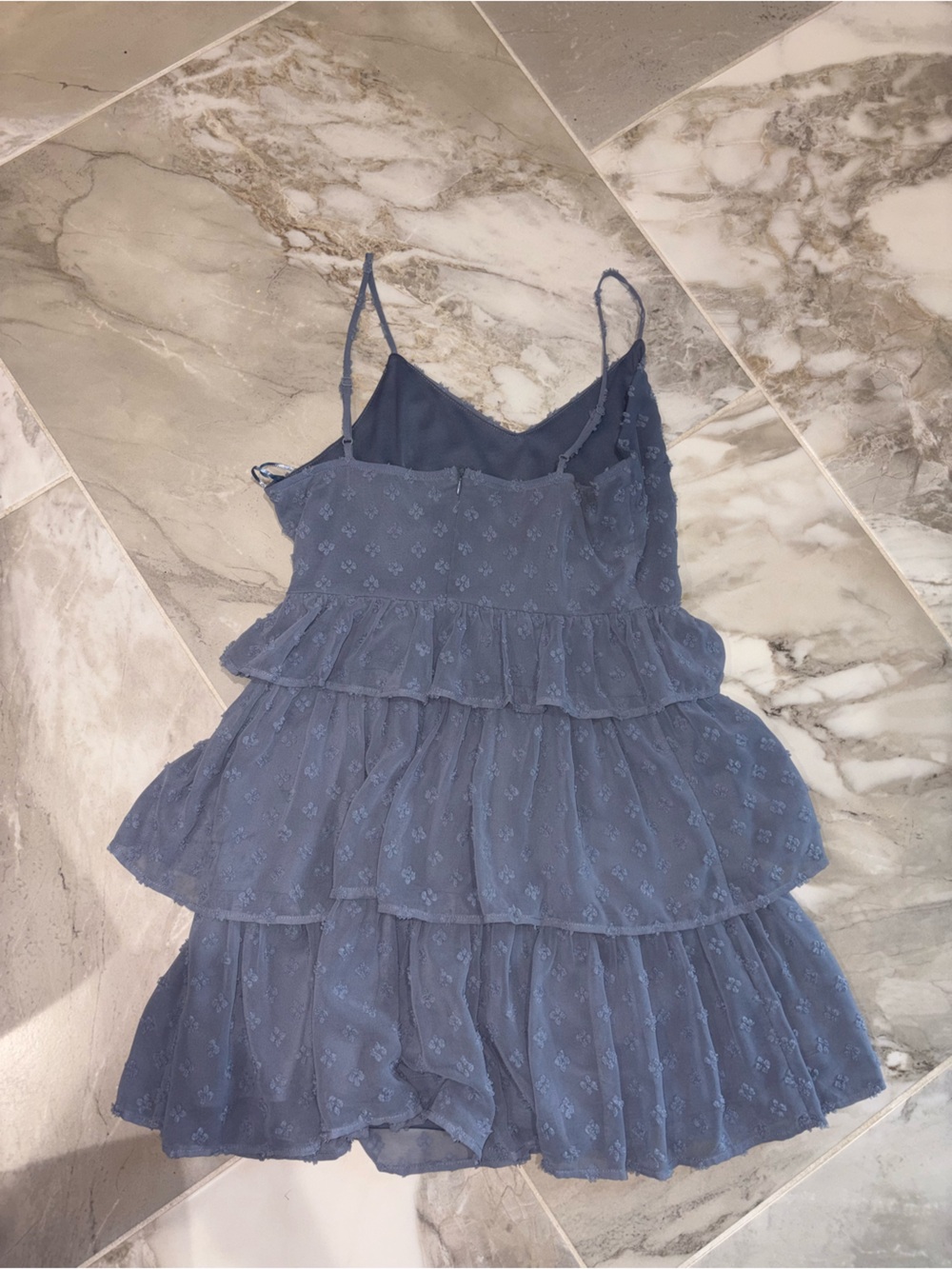 Altar'd State Dusty Blue Tiered Eyelet Spaghetti Strap Mini Dress - Picture 2 of 5